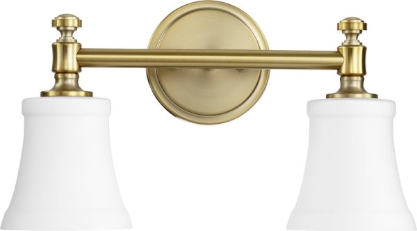 16 W Rossington 2-light Bath Vanity Light Aged Brass w Satin Opal Hot on Sale